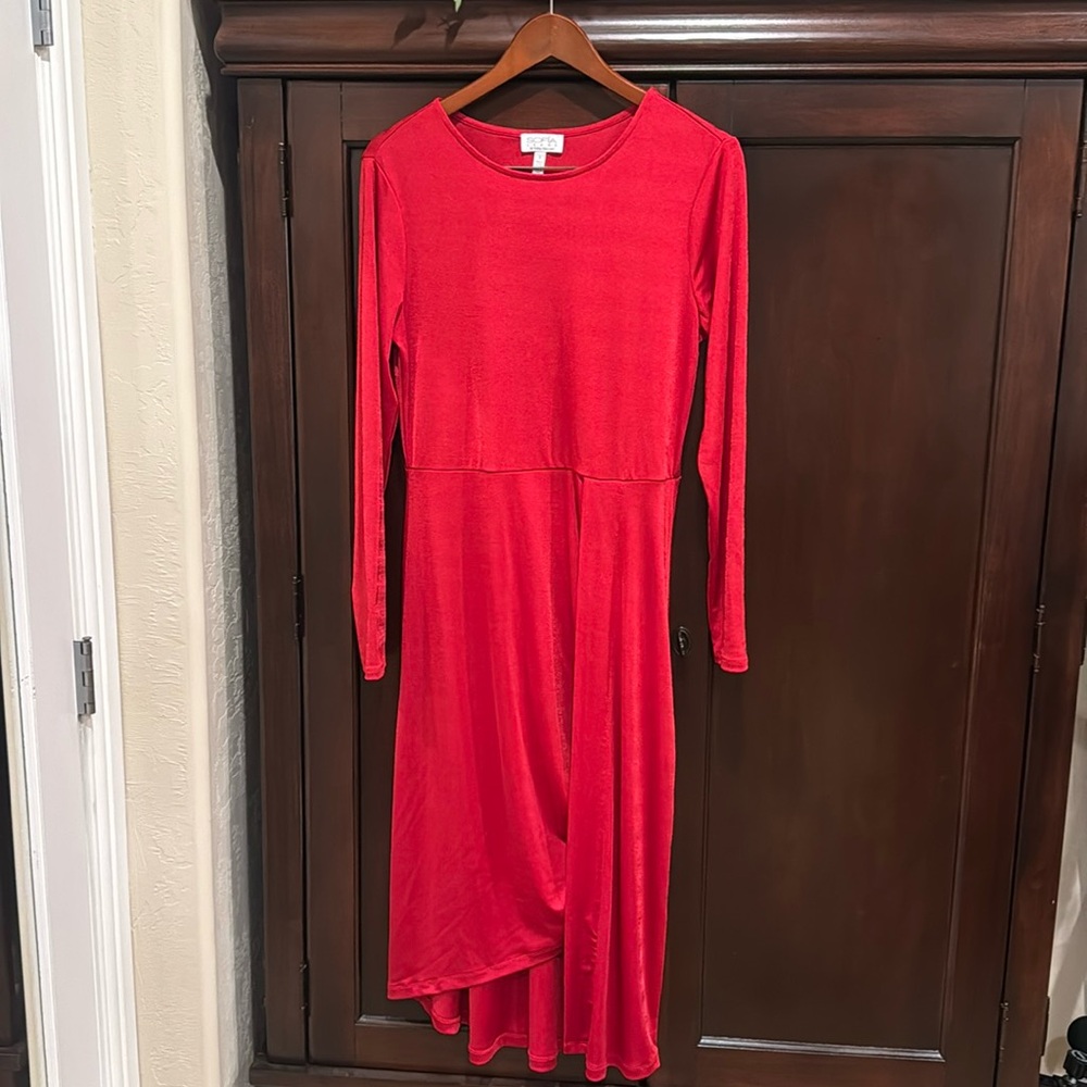 Red shimmery faux wrap dress